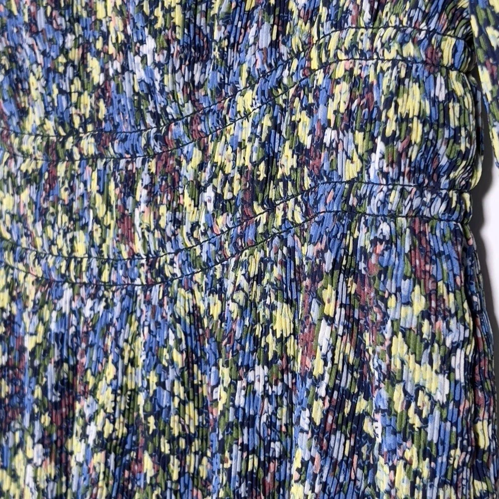 Boden Plisse Mini Dress Sz US 6L‎ XS Blue Floral V Neck Long Sleeve Dress
